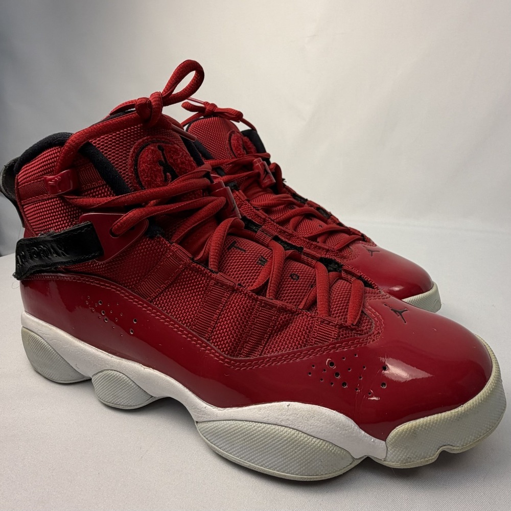 Nike‎ Air Jordan 6 Rings GS RED Patent Black Basketball Shoes 323419-601 Sz 7Y